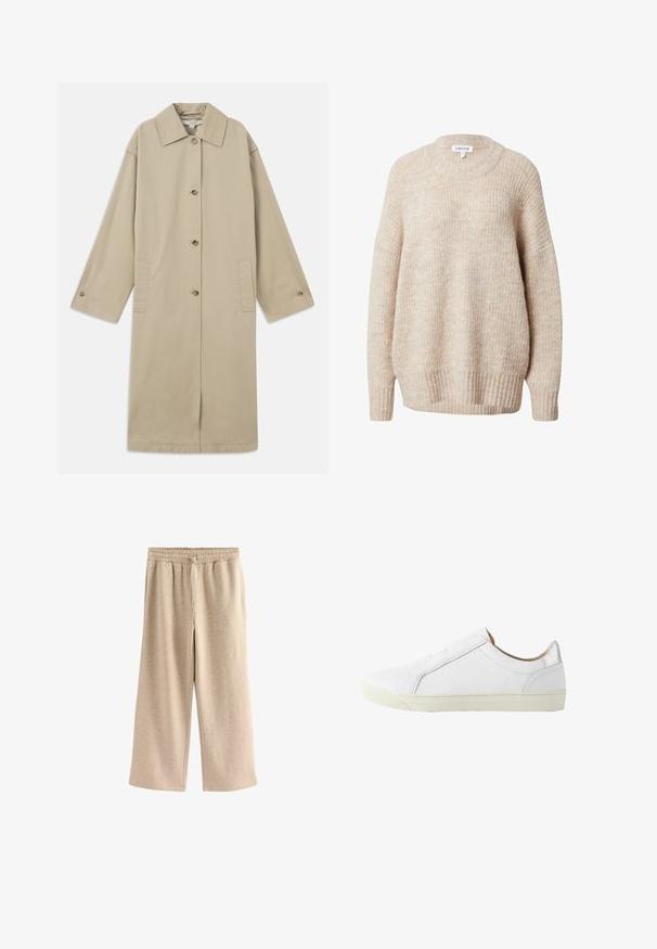 Beige knie-langer Mantel aus Baumwollmischung mit spitzem Kragen, Knopfverschluss, langen Ärmeln und seitlichen aufgesetzten Taschen.; Beige gestrickter Pullover mit rundem Halsausschnitt, überschnittenen Schultern sowie gerippten Bündchen und Saum. Merkmale einen strukturierten, leicht lockeren Sitz.; Cremefarbene Schlaghosen aus einem weichen Baumwollmix. Sie verfügen über einen elastischen Bund mit Kordelzug und einer dezenten gesprenkelten Textur.; Weißer flacher Leder-Sneaker mit seitlichem Reißverschluss, beigem Innenfutter und elfenbeinfarbener Gummisohle, von der Außenseite gezeigt.