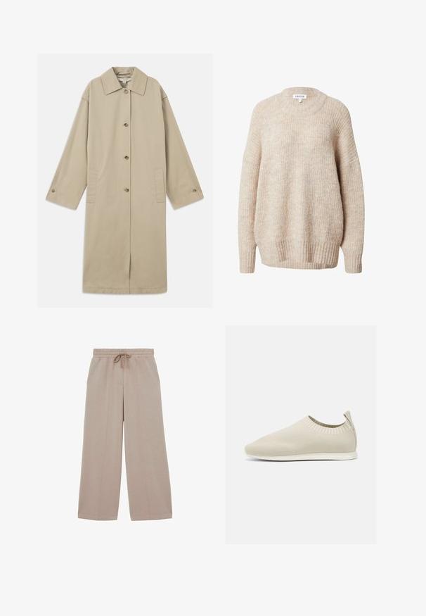 Beige knie-lange jas van katoenmix, met een puntige kraag, knoopsluiting aan de voorkant, lange mouwen en zijzakken.; Beige gebreide trui met een ronde hals, verlaagde schouders en geribbelde manchetten en zoom. Heeft een gestructureerde, licht losse pasvorm.; Beige wijde broek met elastische taille en trekkoord, met details aan de voornaad en een ontspannen pasvorm.; Beige gebreide instap schoen met een lage profiel, textuur bovenkant en een flexibele zool. Kenmerkt zich door een geweven ontwerp rond de enkel voor comfort.