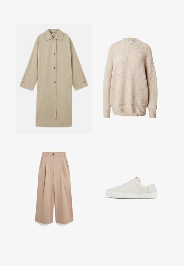 Beige knie-langer Mantel aus Baumwollmischung mit spitzem Kragen, Knopfverschluss, langen Ärmeln und seitlichen aufgesetzten Taschen.; Beige gestrickter Pullover mit rundem Halsausschnitt, überschnittenen Schultern sowie gerippten Bündchen und Saum. Merkmale einen strukturierten, leicht lockeren Sitz.; Beige Hosen mit weitem Bein, Falten, Seitenstaschen, Gürtelschlaufen und Knopfverschluss am Bund, auf weißem Hintergrund dargestellt.; Weiße Leder-Sneaker mit niedrigem Profil, runder Zehenpartie, flacher Schnürung und weißer Gummisohle. Verfügt über dezente Nähte und ein kleines Logo.