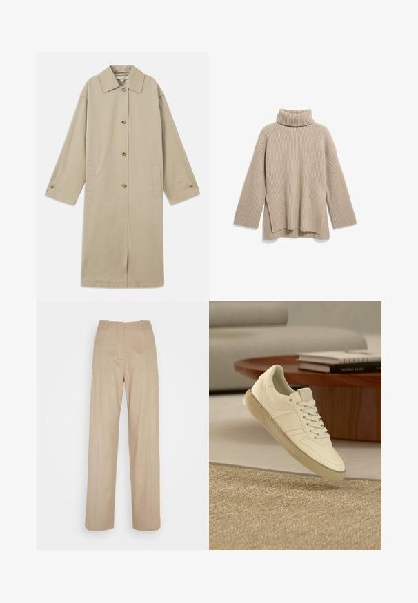 Beige kabát po kolená vyrobený z bavlnenej zmesi, s špicatým golierom, predným zapínaním na gombíky, dlhými rukávmi a bočnými náprsníkovými vreckami.; Beige rebrovaný rolák s voľným strihom, dlhými rukávmi a bočným rozparkom, vyrobený z mäkkej, textúrovanej pleteniny.; Calvin Klein TAILORED STRAIGHT PANT - Nohavice - cinder; Biela kožená teniska s viazaním na šnúrky, textúrovanými ozdobami a priehľadnou gumovou podrážkou, zobrazená nad tkaným povrchom.