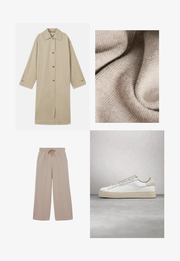 Manteau beige mi-long en mélange de coton, avec un col pointu, une fermeture à boutons, des manches longues et des poches plaquées sur les côtés.; Tissu tricoté beige avec une surface douce et texturée. Présente un fin ribbing et un aspect lisse, légèrement duveteux.; Pantalon beige à jambes larges avec taille élastique et cordon, avec des détails de couture à l’avant et une coupe décontractée.; Sneaker en cuir blanc avec une finition lisse, accents en suède beige, bout arrondi, design à lacets plats et semelle en caoutchouc texturée.
