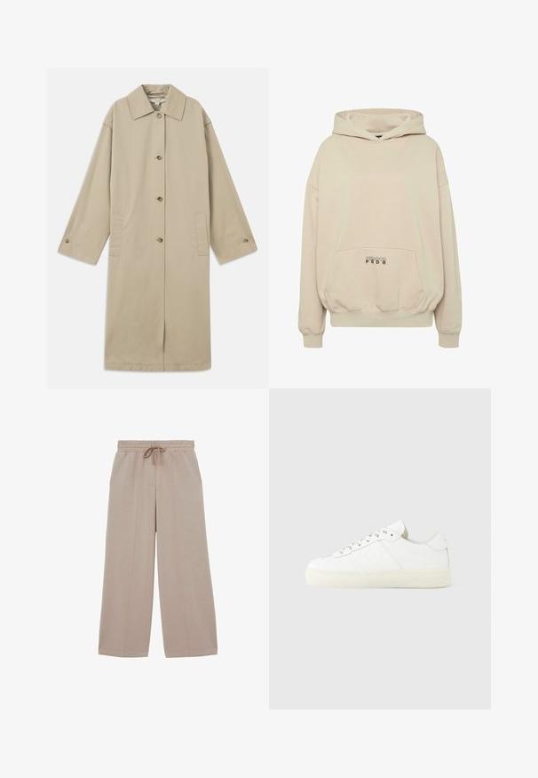 Beige knie-lange jas van katoenmix, met een puntige kraag, knoopsluiting aan de voorkant, lange mouwen en zijzakken.; Beige hoodie met een voorzak, geribbelde boorden en een capuchon met trekkoord. "PECADOR PGDR" tekst gedrukt op het zakgebied.; Beige wijde broek met elastische taille en trekkoord, met details aan de voornaad en een ontspannen pasvorm.; Witte sneakers met een bovenwerk van glad leer, contrasterende veterogen, afgeronde neus en een licht doorschijnende rubberen zool.