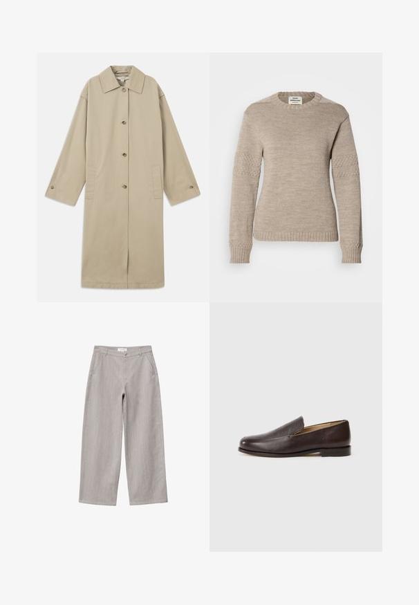 Manteau beige mi-long en mélange de coton, avec un col pointu, une fermeture à boutons, des manches longues et des poches plaquées sur les côtés.; Pull en laine beige avec un col rond, des manches longues avec des accents texturés, et des poignets et un ourlet côtelés.; Pantalon gris clair à jambes larges avec poches avant, passants pour ceinture et fermeture à bouton à la taille.; Mocassins en cuir marron avec une texture lisse, bout arrondi, talon bas empilé et détails de couture minimalistes, sur fond blanc.