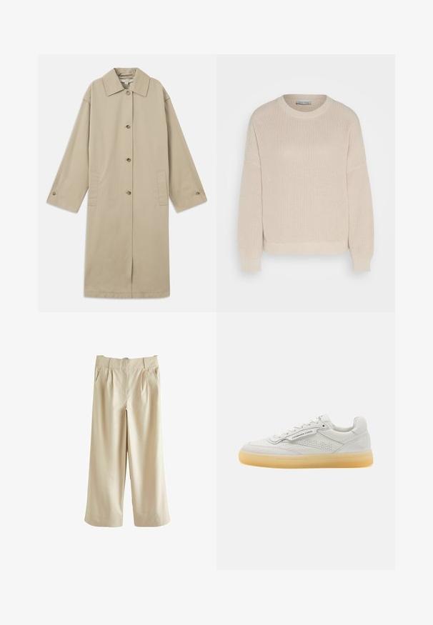 Manteau beige mi-long en mélange de coton, avec un col pointu, une fermeture à boutons, des manches longues et des poches plaquées sur les côtés.; Anna Field by Zalando Pullover - grey; Next SMART WIDE LEG - Pantalon classique - stone; Basket blanche en cuir avec des accents perforés, bout rond et semelle en caoutchouc crème. Présente des coutures ton sur ton et un design minimaliste.