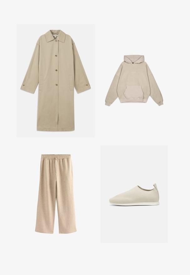 Beige kabát po kolená vyrobený z bavlnenej zmesi, s špicatým golierom, predným zapínaním na gombíky, dlhými rukávmi a bočnými náprsníkovými vreckami.; Bežová mikina s kapucňou a voľným strihom, klokanie vrecko, manžety na rukávoch a hladká textúra. Obsahuje jemné logo na prednej strane.; Bežové nohavice s širokými nohavicami vyrobené z mäkkej tkaniny, s elastickým pásom so sťahovacou šnúrkou a jemnou škvrnitou textúrou po celej ploche.; Béžová pletená obuv na slip-on s nízkym profilom, textúrovaným zvrškom a flexibilnou podošvou. Obsahuje tkaný dizajn okolo členku pre pohodlie.