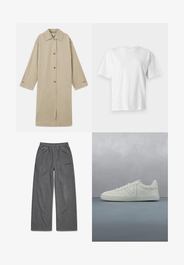 Manteau beige mi-long en mélange de coton, avec un col pointu, une fermeture à boutons, des manches longues et des poches plaquées sur les côtés.; T-shirt blanc uni à manches courtes et col rond, présenté à plat sur un fond gris clair.; Pantalon gris foncé à jambes larges avec taille élastique, poches latérales et logo noir "PEGADOR" sur la cuisse droite.; Baskets en cuir blanc à lacets flottant au-dessus d'un bloc de bois et d'une surface extérieure en cailloux, plante verte floue et pierre en arrière-plan.