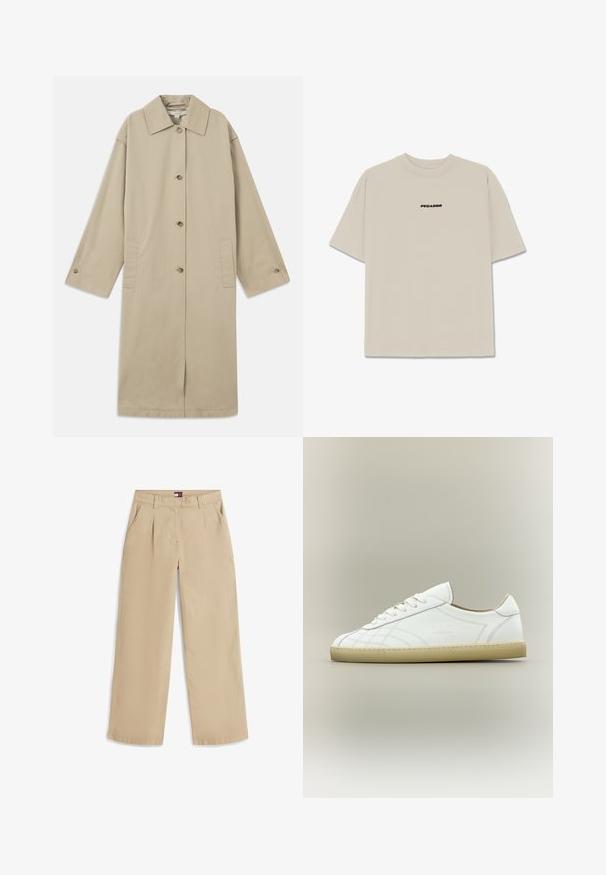 Beige knie-langer Mantel aus Baumwollmischung mit spitzem Kragen, Knopfverschluss, langen Ärmeln und seitlichen aufgesetzten Taschen.; Helles beiges Baumwoll-T-Shirt mit kurzen Ärmeln, lässiger Passform und einem schwarzen "PEGADOR"-Logo auf der Vorderseite. Glatte Textur, Rundhalsausschnitt.; Beige gerade geschnittene Hose mit vorderen Falten, Seitentaschen, Gürtelschlaufen und einem kleinen Logoschild am inneren Bund.; Weißer Leder-Sneaker mit niedrigem Schnitt, beiger Sohle, Schnürdesign und dezenten gesteppten Mustern auf neutralem Hintergrund.