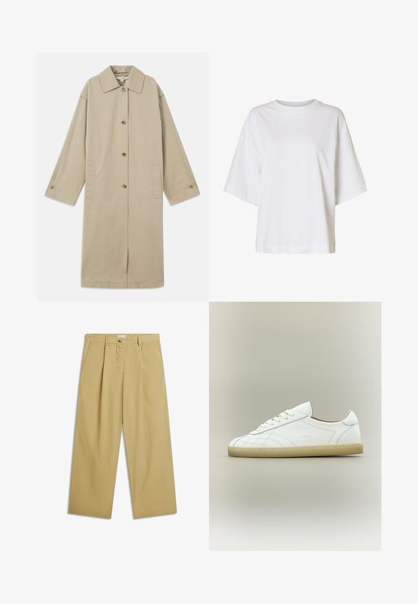 Beige knie-lange jas van katoenmix, met een puntige kraag, knoopsluiting aan de voorkant, lange mouwen en zijzakken.; Loszittend wit T-shirt met korte mouwen, verlaagde schouders en een ronde hals op een effen achtergrond.; Beige wijde broek met voorplooien, zijzakken, broeklussen en knoopsluiting in de taille.; Witte lage leren sneaker met beige zool, vetersluiting en subtiele gestikte patronen op een neutrale achtergrond.