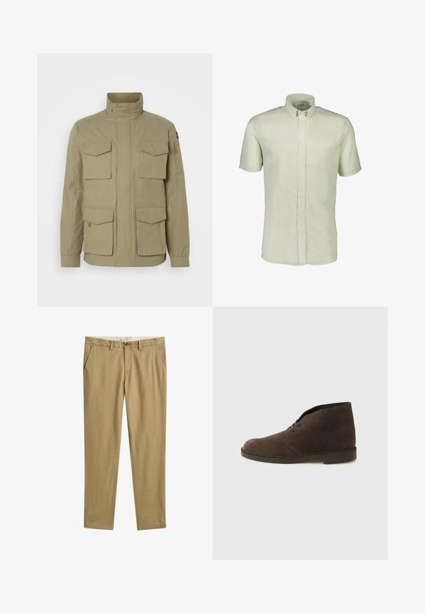 Beige jakke med høj krave, fire frontlommer, en lynlåslomme på ærmet og et let textured stof.; Kortærmet, lysegrøn linnedskjorte med knaplukket krave og frontlås. Har hvide knapper og en afslappet pasform.; Beige chinos med lige ben, bæltestropper, sidelommer, foran med knaplukning og GANT-mærke indeni linningen.; Brun ruskindsankelstøvle med to huller, lav hæl og syet sål på en ensartet lysegrå baggrund.