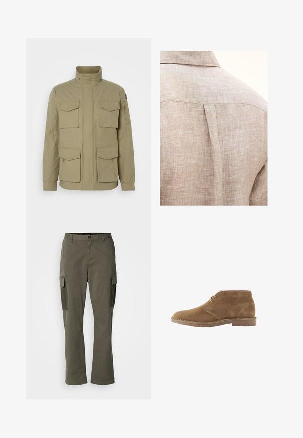 Beige jakke med høj krave, fire frontlommer, en lynlåslomme på ærmet og et let textured stof.; Bagsiden af en beige linnedskjorte, der viser skulderstykke og central kasseplissee detalje på den øverste del af ryggen.; Olivengrøn cargo bukser med lige ben design, der har sidelommer, lynlåslukninger og et bomuldsblandingsstof for holdbarhed.; Brun ruskind ankelhøj afslappet sko med to snørehuller og syet sål på hvid baggrund, set fra siden.