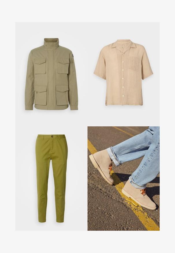 Beige jakke med høj krave, fire frontlommer, en lynlåslomme på ærmet og et let textured stof.; Kortærmet beige linnedskjorte med en notch-krave, forlommer og hvide knapper. Struktureret stof, afslappet pasform og lige kant.; Olivengrønne, slim-fit bukser lavet af bomuld med en glat tekstur. Har en knaplukning, bæltestropper og sidelommer.; Beige ruskind ankelstøvler med orange snørebånd, rund tå og en let gummisål, parret med opfoldede lyseblå denimjeans.