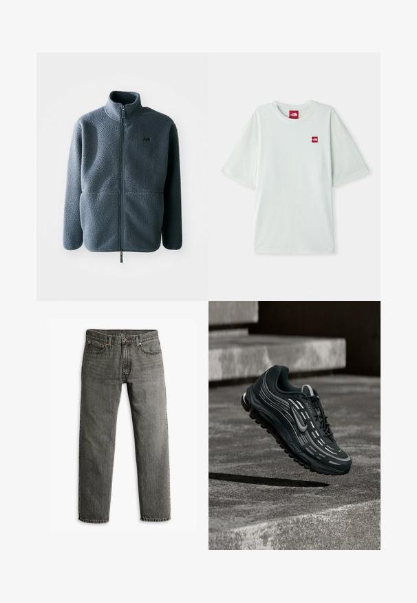 Grå fleecejakke med høj krave, frontzipper og to sidelommer. Har en tekstureret stof og et lille logo på brystet.; Lysegrøn kortærmet t-shirt lavet af blød bomuld, med et lille rødt logo på venstre brystområde. Løs pasform og rund halsudskæring.; Grå denim jeans med lige ben-design, klassisk fem-lomme stil og diskret sømdetaljer på sømme og lommer.; Sort og grå Nike Air Max sneaker, der flyder over grå betontrin med tekstureret jordbaggrund.