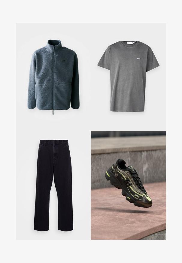 Grå fleecejakke med høj krave, frontzipper og to sidelommer. Har en tekstureret stof og et lille logo på brystet.; Grå bomulds T-shirt med korte ærmer, rund halsudskæring og et lille hvidt "obey" logo på brystet. Glat tekstur, afslappet design.; Sorte denimbukser med lige ben, der har en knap- og lynlåslukning, bæltestropper og minimale syninger.; Sort og gul New Balance 1000-sneaker svævende over en lyserød stensurface med en grå stenvæg i baggrunden.