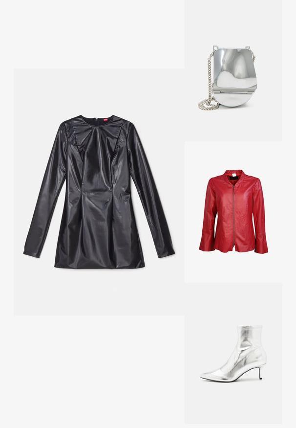 Rød læderjakke med lynlås foran, mandarinkrave og brede ærmer. Glat tekstur med minimal syning og ingen synlig hardware.; 032c TRAPEZE TOO TIGHT MINI DRESS - Cocktailkjole / festkjole - black luster; Sølvmetallic ankelstøvle med spids tå og slank hæl. Har en tætsiddende pasform og en glat, skinnende overflade. Sømaccenter på toppen.; Sølvmetallic håndtaske med en glat, buet overflade, der har en kæde-strop og et sikkert spænde. Kompakt form og reflekterende finish.