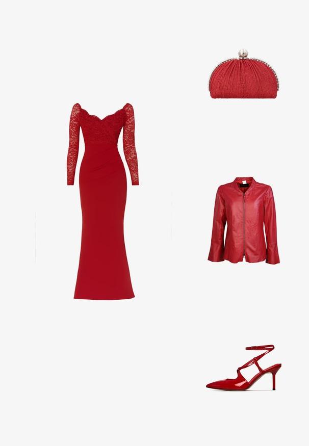 Rød læderjakke med lynlås foran, mandarinkrave og brede ærmer. Glat tekstur med minimal syning og ingen synlig hardware.; Rød gulvlængde kjole med lange blonder ærmer, blondekorsage, hjerteudskæring og tætsiddende silhuet.; Rød patentlæder højhælet sko med spidse tæer, ankelrem og udskæringsdetaljer, med en slank stiletto hæl.; Rød stof clutch taske med opsamlet tekstur, sølvkant pyntet med små perler og en stor perle-lukning på toppen.