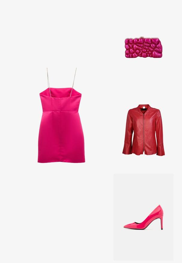Rode leren jack met een rits aan de voorkant, mandarin kraag en uitlopende mouwen. Gladde textuur met minimale stiksels en geen zichtbare hardware.; Koton MINI - Cocktailjurk - pink; Felroze patenten leren hoge hakkenpomp met een spitse neus en een slank silhouet, met een dunne stiletto hak en een zwarte binnenkant.; Glinsterende roze rechthoekige clutch met verhoogd, onregelmatig textuurpatroon en klein gouden sluitinkje bovenop tegen een witte achtergrond.