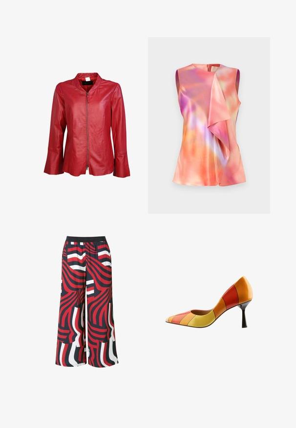 Rode leren jack met een rits aan de voorkant, mandarin kraag en uitlopende mouwen. Gladde textuur met minimale stiksels en geen zichtbare hardware.; Mouwloos topje van satijnstof, met een kleurrijk abstract patroon van roze, oranje en violet tinten, en een gedrapeerd voorkant ontwerp.; Wijde broek van lichtgewicht stof in marineblauw, rood en wit met abstracte golfpatronen. Voorzien van een elastische tailleband voor comfort.; Multikleur leren hoge hakken pump met een spitse neus, gestructureerd silhouet en contrasterende horizontale strepen in rood, oranje en geel.