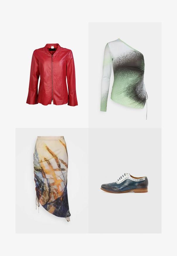 Rode leren jack met een rits aan de voorkant, mandarin kraag en uitlopende mouwen. Gladde textuur met minimale stiksels en geen zichtbare hardware.; Elleme ONE SHOULDER - Longsleeve - light green/white; Materiel DIAGONAL GATHERED SKIRT - Kokerrok - golden hour; Heren lederen brogueschoen in marineblauw, wit en donkergrijs met decoratieve perforaties en een lichtbruine zool, zijaanzicht.