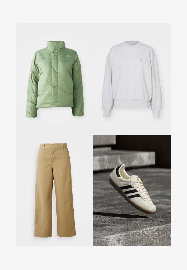 Hellgrüne Pufferjacke mit hohem Kragen, Reißverschluss und genähten Nähten. Mit Logo auf der Brust und glatter, glänzender Stoffoberfläche.; Carhartt WIP CASEY - Sweatshirt - ash heather/silver; Beigeweite Hose aus einem Baumwoll-Mischgewebe, mit einem Knopfverschluss, Gürtelschlaufen und Fronttaschen.; Weißer Adidas Samba Sneaker mit schwarzen Streifen und Gummisohle, schwebend über strukturierten grauen Betontreppen.