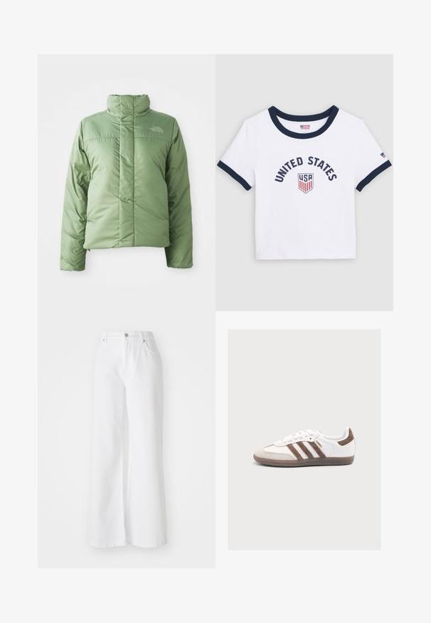 Hellgrüne Pufferjacke mit hohem Kragen, Reißverschluss und genähten Nähten. Mit Logo auf der Brust und glatter, glänzender Stoffoberfläche.; Weißes T-Shirt mit kurzen Ärmeln, marineblauem Kragen und Ärmelsäumen, vorne mit dem Schriftzug "UNITED STATES" und USA-Wappen.; Weiße Denim-Hosen mit weitem Bein und hoher Taille, ausgestattet mit vorderen Taschen und silberner Knopfleiste. Die Textur ist glatt und einfarbig.; Weißer Adidas Samba Sneaker mit braunen Wildlederstreifen, braunem Fersenflicken, beiger Zehenkappe und durchsichtiger Gummisohle, von der Seite gezeigt.