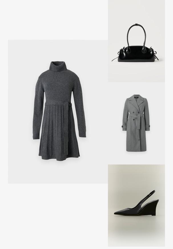 Grijze wollen blend jas met een dubbelgeknoopt ontwerp, notch kraag, zijzakken en een bijpassende riem. Bevat zwarte knopen en een getailleerde pasvorm.; Grijze gebreide jurk met een hoge col, lange mouwen, een geaccentueerde taille met een riem en details met een geplooide rok.; Zwarte leren slingback met puntige neus en hoge sleehak op een neutrale achtergrond.; Kleine zwarte glanzende handtas met twee lange hengsels en zijkant trekkoord details op een effen lichte achtergrond.
