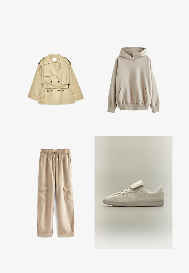 Gabardina beige con un frente de doble botonadura, grandes solapas y hombreras. Presenta una cintura con cinturón y bolsillos laterales.; Sudadera con capucha beige, tela suave, corte holgado, bolsillo tipo canguro en la parte delantera, puños y dobladillo acanalados. La tela es lisa con un ligero estiramiento.; Pantalones cargo beige hechos de tela ligera, con cintura elástica, cordón de ajuste y múltiples bolsillos frontales grandes.; Zapatilla baja blanca con suela texturizada, cierre con cordones en la parte delantera, lengüeta acolchada y sutil marca dorada en el lateral, mostrada sobre un fondo neutro.