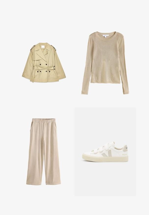Beige trenchcoat met een dubbelgeknoopt voorpaneel, grote revers en schouderepauletten. Beschikt over een ceintuur in de taille en zijzakken.; Beige geribbelde lange mouw gebreide trui met ronde hals en slim fit, plat weergegeven met label zichtbaar bij de kraag.; Beige wijde corduroy broek met elastische tailleband en zijzakken, plat weergegeven op een witte achtergrond.; Witte sneakers met klittenbandsluitingen, suède accenten in beige, gestructureerde rubberen zool en een V-logo in grijs. Minimalistisch ontwerp, ronde vorm.