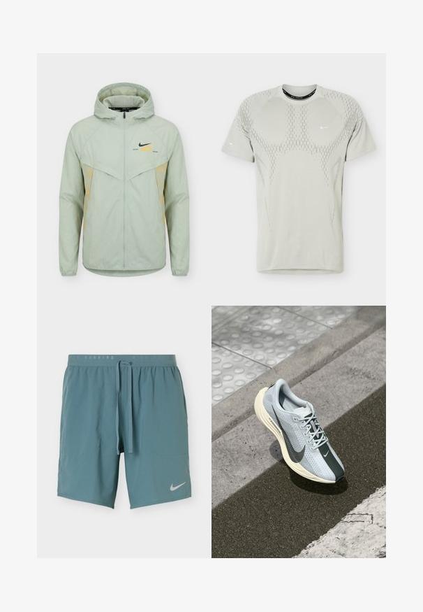 Svetlo zelena kapucasta jakna Nike s celotnim zadrgo, elastičnimi manšetami in napisom "Distant Dreams" blizu črnega Nike logotipa na prsih.; Svetlo siva športna majica s kratkimi rokavi z vzorcem z luknjicami in majhnimi belimi logotipi Nike Swoosh na prsih in rokavu.; Modro-zeleni športni kratke hlače z vezalko v pasu, stranskimi žepi in belim logotipom Nike na levi nogi.; Svijetloplave tenisice za trčanje s sivim akcentom, mrežasti gornji dio i kremasti srednji sloj. Imaju istaknuti crni swoosh logo i teksturiranu potplatu.
