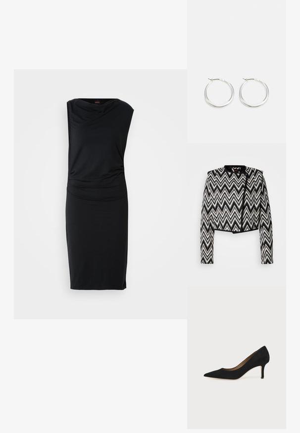 Veste à motifs zigzag en noir et blanc, coupée, avec un col rond et un matériel minimal. Tissu texturé avec des finitions noires contrastantes.; Robe noire sans manches en tissu extensible, présentant un décolleté drapé, un détail de taille froncée, et une silhouette cintrée qui tombe au-dessus du genou.; Escarpin en daim noir à bout pointu avec un talon stiletto fin de hauteur moyenne et un design à coupe basse sur un fond uni.; Les boucles d'oreilles en argent en forme de créole présentent un design lisse et arrondi avec un profil fin et un fermoir sécurisé. Style minimaliste avec une finition polie.