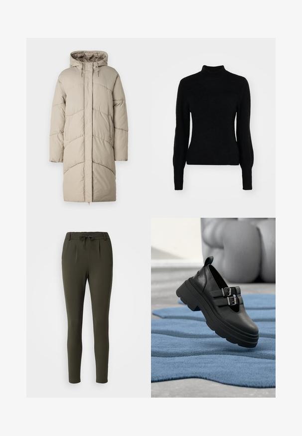 Polstret beige parka med hætte, med vandrette syninger og sidelommer. Stoffet har en glat, blød tekstur.; Sort turtleneck sweater lavet af et blødt, tekstureret stof. Med lange ærmer og et tætsiddende design med en sømløs finish.; Olivengrønne, skræddersyede joggerbukser med snøre i taljen, plisseret front og tætsiddende ben. Fremstillet af et glat, strækbart stof.; Sorte lædersko med en kraftig plateau-sål, dobbelte spænde-detaljer og en rundet tå, placeret på et struktureret blåt tæppe.