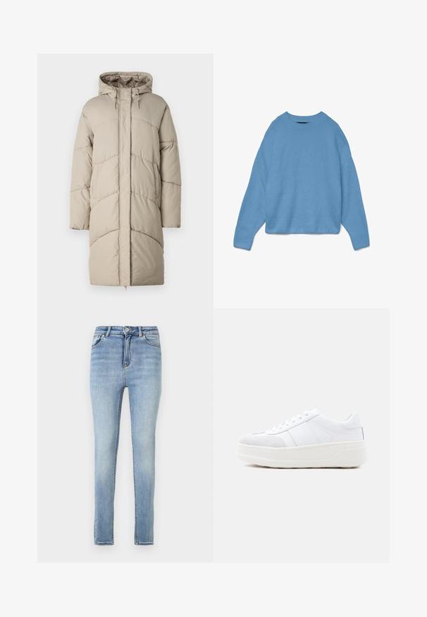 Polstret beige parka med hætte, med vandrette syninger og sidelommer. Stoffet har en glat, blød tekstur.; Lyseblå strikket sweater med rund halsudskæring, drop shoulder design og ribstrikkede manchetter og søm. Blød tekstur, afslappet pasform.; Stramme jeans lavet af lys blå denim, med høj talje, subtil falming, standard fem-lomme design og lynlåsgylp med knappelukning.; Hvid lav sneakers med snørelukning, tyk plateau-sål og ruskindsdekoration på tåen, vist fra siden mod en ensfarvet baggrund.
