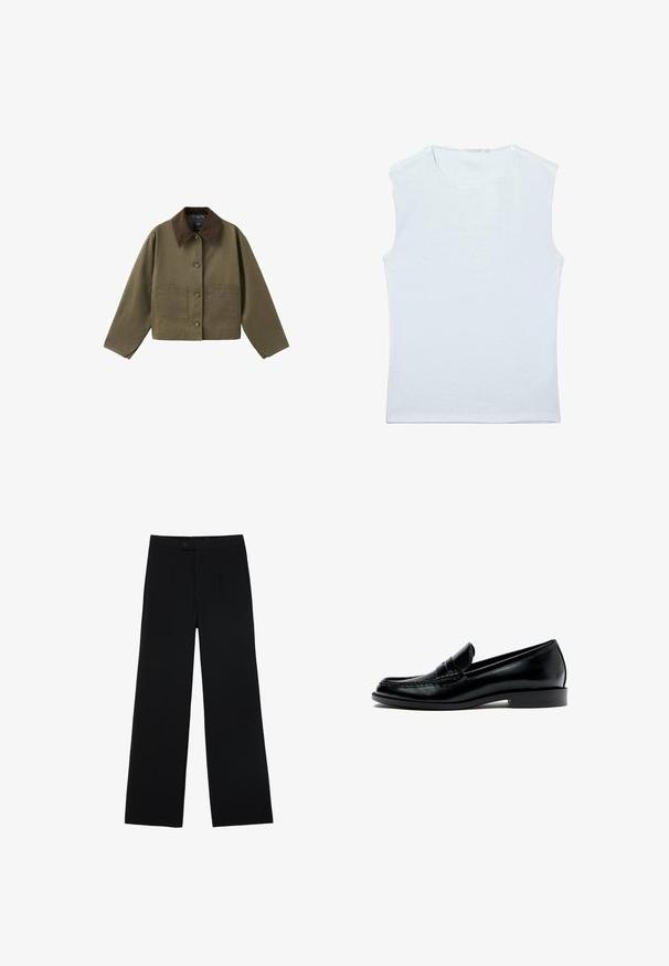 Veste courte vert olive avec col en velours côtelé marron foncé, boutonnée à l'avant, manches longues et deux poches carrées à l'avant.; Débardeur sans manches en coton blanc avec encolure ronde et un design simple et uni.; Pantalons noirs à jambes larges en tissu lisse, dotés d'une fermeture à bouton à l'avant et de deux plis pour un détail supplémentaire. Design ajusté dans l'ensemble.; Mocassin penny en cuir noir avec talon bas, bout arrondi et surpiqûres visibles le long du bord supérieur, présenté de profil sur fond blanc.
