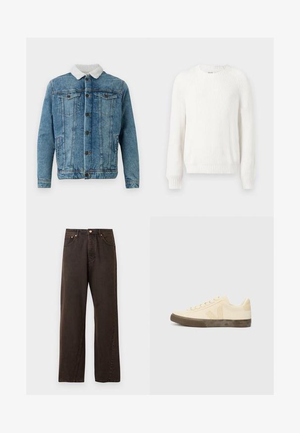 Lysblå denimjakke med en fluffy hvid krave, der har to brystlommer, knaplukning foran og syninger.; Hvid ribbet sweater med rund halsudskæring, sænkede skuldre og lange ærmer. Har struktureret stof og en lige kant.; Mørkebrun denimjeans med lige ben-design, der har fem lommer, en kobberknap og subtile syninger.; Beige lærredssko med rund tå, flade snørebånd og struktureret brun gummisål. Har et logo på siden og et minimalistisk design.