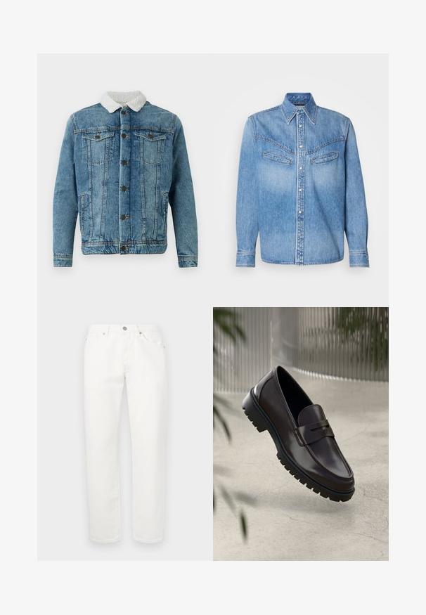 Leren spijkerjasje in lichtblauw met een pluizige witte kraag, voorzien van twee borstzakken, knopen aan de voorkant en gestikte details.; Lichtblauwe spijkerblouse met lange mouwen, een puntige kraag, twee borstzakken en een knoopsluiting aan de voorkant. Beschikt over witte knopen en contraststiksel.; Witte denim broek met een recht gesneden ontwerp. Voorzien van een traditionele vijf-pocketindeling, metalen knoopsluiting en een lichte textuur.; Bruine leren loafers met een getextureerde, geribbelde rubberen zool. Beschikt over een slank ontwerp en een decoratieve band over de wreef.