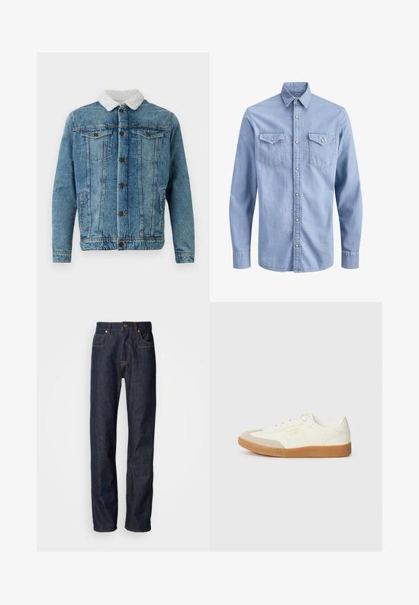 Jeansjacke in Hellblau mit einem flauschigen weißen Kragen, ausgestattet mit zwei Brusttaschen, Knopfleiste und gestickten Details.; Hellblaues Denim-Langarmhemd mit Druckknöpfen, spitzem Kragen und zwei Brusttaschen mit Laschen und Knopfverschlüssen.; Dunkelblaue Jeans aus Denim mit geradem Schnitt, versehen mit kupferfarbigen Nähten, einem Fünf-Taschen-Design sowie einem klassischen Reißverschluss und Knopfverschluss.; Sneaker aus weißem Leder mit einer beigen Zehenkappe und leichter brauner Gummisohle. Verfügt über flache weiße Schnürsenkel und geprägtes Branding an der Seite.