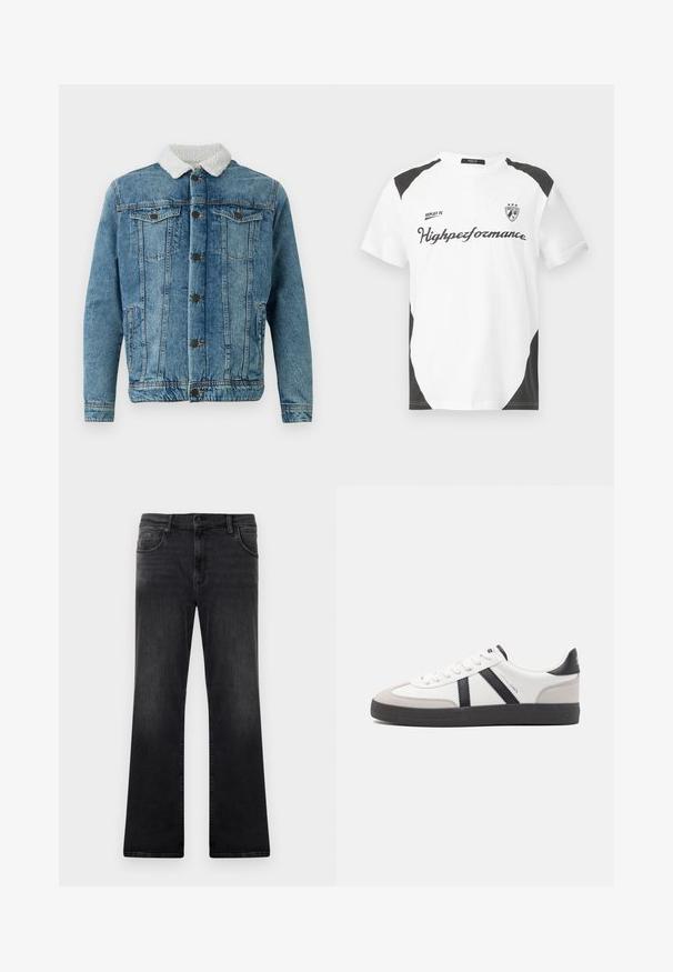 Leren spijkerjasje in lichtblauw met een pluizige witte kraag, voorzien van twee borstzakken, knopen aan de voorkant en gestikte details.; Witte T-shirt met korte mouwen en zwarte accenten. Bevat het logo "REPLAY FC" en de tekst "Highperformance" in een sportieve lettertype. Gemaakt van een glad materiaal.; Uitlopende zwarte denim jeans met een gladde textuur, voorzien van vijf zakken en een knoopsluiting, met een vervaagde afwerking.; Witte sneaker met zwarte en grijze accenten, voorzien van een grijze neus met textuur, zwarte rubberen zool en platte witte veters. Schoon ontwerp, minimalistische stijl.