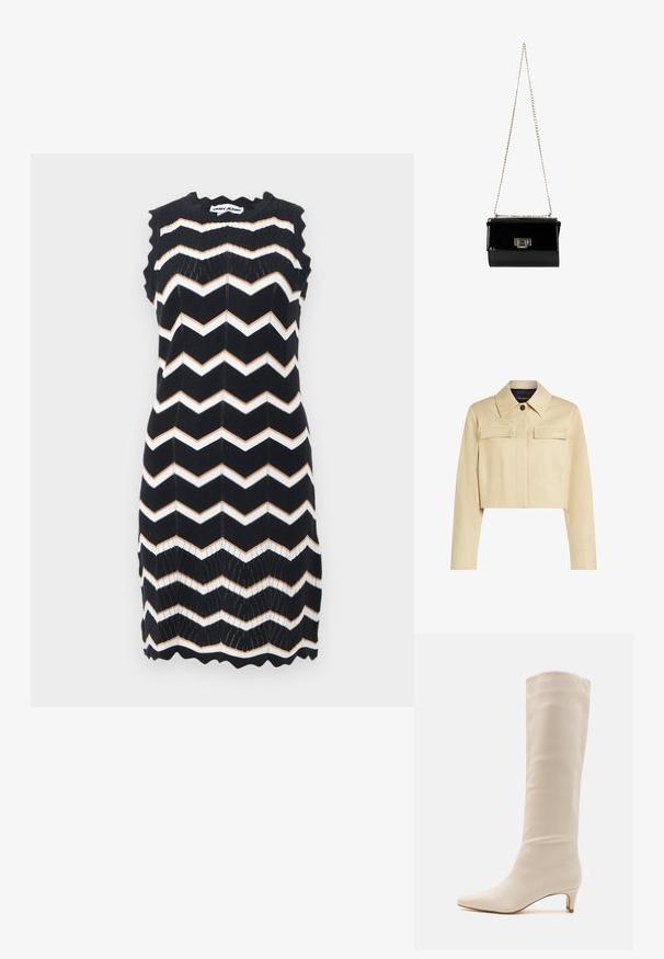 Veste beige coupée avec un col pointu, deux poches avant et une fermeture à boutons. Texture lisse et logo discret sur la poitrine.; Robe noire sans manches en tricot avec des rayures en zigzag blanches et beige, bords festonnés, et étiquette DKNY Jeans au niveau du col.; RAID LAYLA - Bottes - off white; Sac à main en cuir verni noir avec une bandoulière en chaîne dorée, de forme rectangulaire, doté d'une fermeture à rabat à l'avant et d'un accent de logo métallique.