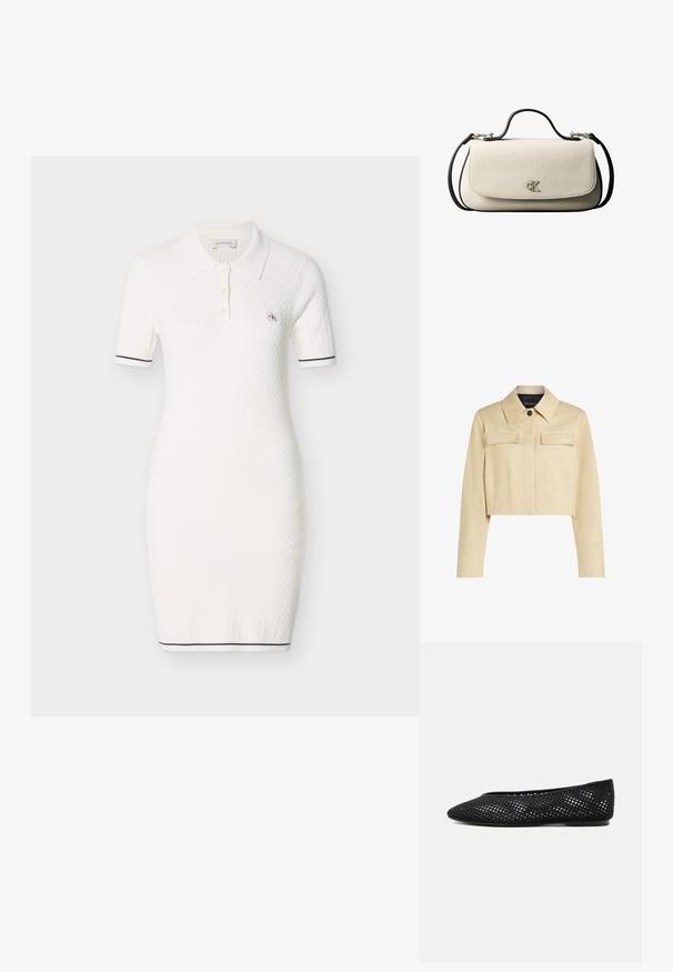 Beskåret beige jakke med spidse kraver, to frontlommer og knaplukning. Glat tekstur og diskret branding på brystet.; Hvid strikket polo-kjole med korte ærmer, der har en krave og en lille logopatch. Fremhævet med marineblå striber ved ærmekanterne.; Sort mesh flad sko med lukket tå og lav hæl, med åndbar vævet design og diskret side-logo.; Cremefarvet rektangulær håndtaske med sort rem og håndtag, foran klaplukning samt lille sølvfarvet "cK" logo midt foran.