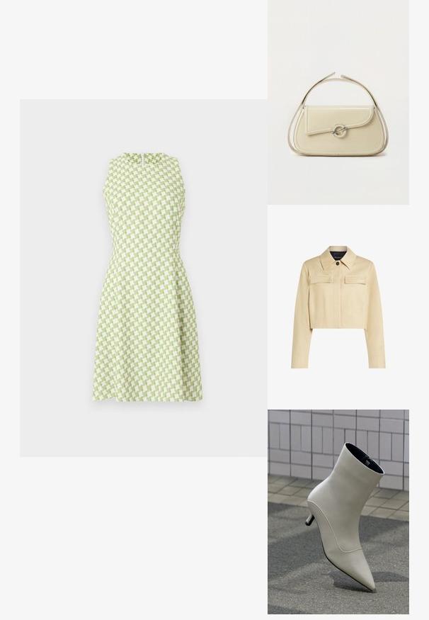 Beskåret beige jakke med spidse kraver, to frontlommer og knaplukning. Glat tekstur og diskret branding på brystet.; Ærmeløs A-formet kjole med grøn og hvid hundetandsmønster, med rund halsudskæring og lynlås bagpå.; Off-white læderankelsko med spids tå og lille stilet hæl, hvilende på udendørs fortov mod flisevæg.; Cremefarvet læderhåndtaske med buet klap, cirkulært sølvspænde og kort topstrop på en ens hvid baggrund.