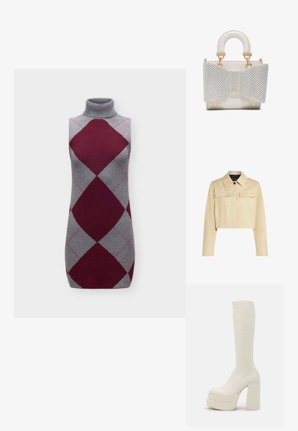 Chaqueta beige recortada con cuello puntiagudo, dos bolsillos frontales y cierre de botones. Textura suave y sutil logo en el pecho.; Vestido de punto sin mangas con cuello vuelto gris, con grandes rombos burdeos y sutiles detalles de costura en rosa.; Steve Madden CYPRESS - Botas con plataforma - off white; Pequeño bolso blanco con asa acolchada y gran lazo frontal decorado con cuentas plateadas y detalles de herrajes dorados.