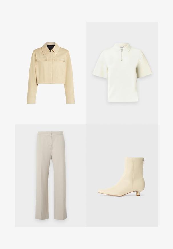 Beskåret beige jakke med spidse kraver, to frontlommer og knaplukning. Glat tekstur og diskret branding på brystet.; Kortærmet polo i hvid med lynlåslukning ved kraven, glat stof, moderne snit og afslappet pasform. Enkel og ren design.; Beige lige ben bukser med flad front og uden synlig hardware eller mønstre. Lavet af glat stof med et rent design.; Beige ankelstøvle i glat læder, spidst tåparti, kort blokhæl og en sidelukning med lynlås for nem påtagning.