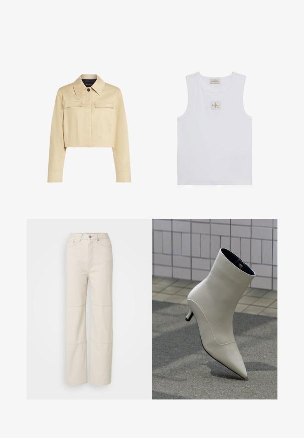 Veste beige coupée avec un col pointu, deux poches avant et une fermeture à boutons. Texture lisse et logo discret sur la poitrine.; Débardeur blanc sans manches avec étiquette Calvin Klein Jeans sur la poitrine et une étiquette près de l'encolure sur fond blanc uni.; Jean large beige clair en coton. Présente une taille haute, une fermeture à bouton à l'avant et deux accents de couture horizontaux sur les jambes.; Bottine en cuir blanc cassé avec bout pointu et petit talon kitten posée sur un trottoir extérieur contre un mur carrelé.