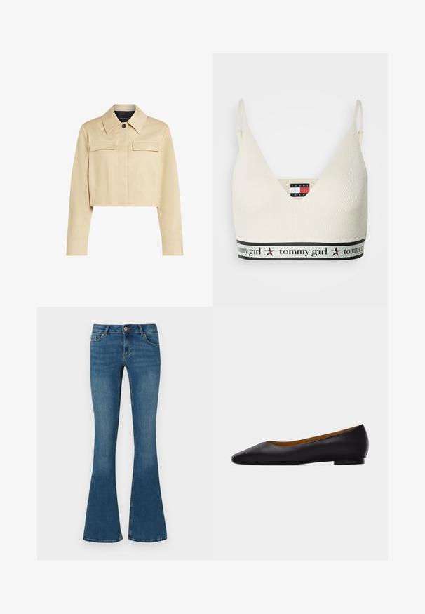Skračený béžový kabát s špicatým golierom, dvoma prednými vreckami a zapínaním na gombík. Hladký povrch a jemné logo na hrudi.; Krémový pletený bralet s nastaviteľnými ramienkami, hlbokým výstrihom do V a čiernym pásom s textom "tommy girl" a ikonami hviezd.; Riflové zvonové nohavice v stredne modrej farbe s hladkou štruktúrou, vybavené dvoma prednými vreckami, zapínaním na gombík a jemným efektom vyblednutia.; Čierna kožená dámska obuv s ostrou špičkou, nízkym podpätkom a hladkým povrchom, zobrazená z boku na svetlošedom pozadí.