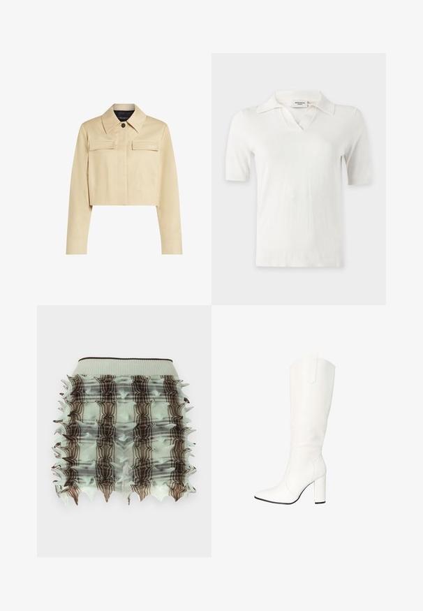 Chaqueta beige recortada con cuello puntiagudo, dos bolsillos frontales y cierre de botones. Textura suave y sutil logo en el pecho.; Top de punto blanco de manga corta con cuello y una muesca en forma de V en el escote, mostrado sobre un fondo liso.; Falda rizada verde menta con un diseño de jaula, que presenta patrones de cuadros marrones y bordes con picos. Cintura elástica para un ajuste cómodo.; Salinyang Botas - weiss