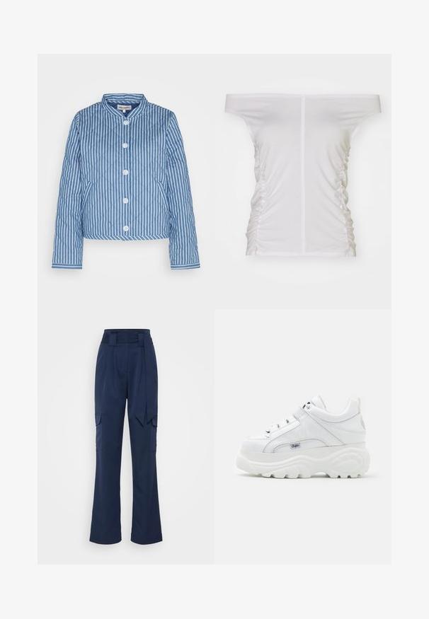 Quiltet blå og hvid stribet jakke med rund krave, fem-knaps lukning foran og manchetter med et kontrasterende mønster.; Hvid off-the-shoulder top, samlet side detaljer, blødt stof, tætsiddende design og lige halsudskæring.; Marineblå vide bukser lavet af letvægtsstof, med et bælte i taljen og to cargo-lommer på siderne.; Hvide platform sneakers lavet af glansfuldt syntetisk materiale med snørebåndsdesign, polstret krave og brandet accent på siden.