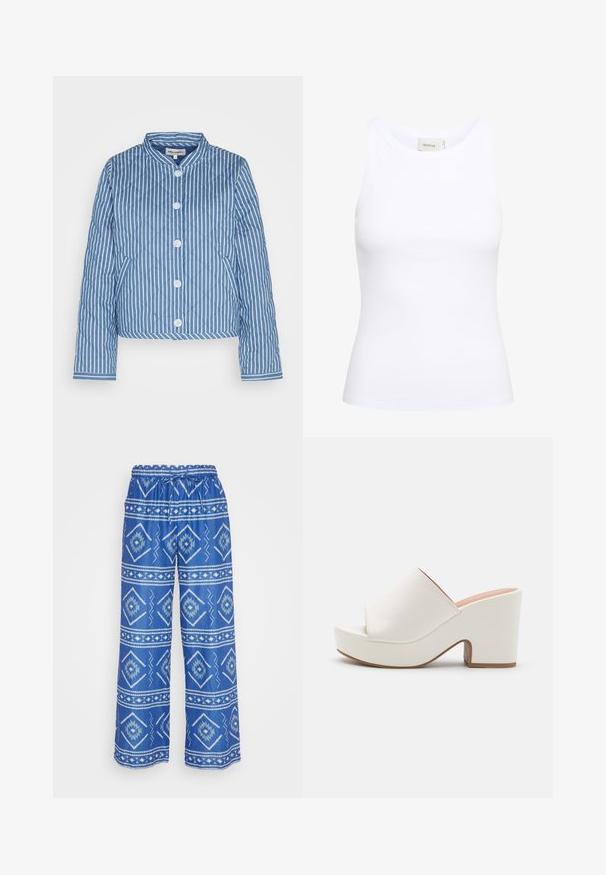 Chaqueta acolchada a rayas en azul y blanco con cuello redondo, cierre frontal de cinco botones y puños que presentan un patrón contrastante.; Top sin mangas de canalé blanco con escote redondo. Tejido elástico y diseño ajustado. La etiqueta en la parte posterior dice "GESTUZ."; Pantalones azules con un diseño estampado y cintura elástica con cordón. Presentan diseños geométricos en blanco por toda la prenda y un corte ancho y suelto. Tela ligera.; Mules blancos de plataforma con un acabado suave, diseño de punta abierta y un tacón grueso. Presenta una costura superior sutil y una suela en contraste.