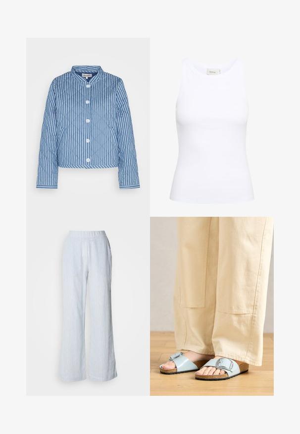 Gequilte blauw-witte gestreepte jacket met een ronde kraag, een vijfknopsluiting aan de voorkant en mouwen met een contrasterend patroon.; Witte geribde tanktop met een ronde halslijn en zonder mouwen. Rekbaar materiaal en een aansluitend ontwerp. Het label op de achterkant zegt "GESTUZ."; Lichtblauwe wijde broek met verticale witte en rode strepen. Heeft een elastische tailleband en zijzakken. Soepele katoenachtige textuur.; Lichtblauwe schuursandalen met een brede band en een zilveren gesp, met een getextureerde kurken voetbed en een zwarte rubberen zool.
