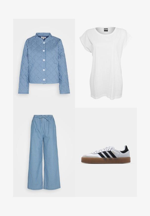Chaqueta acolchada a rayas en azul y blanco con cuello redondo, cierre frontal de cinco botones y puños que presentan un patrón contrastante.; Camiseta blanca de manga corta hecha de algodón, con un corte relajado, cuello ancho y un diseño minimalista sin patrones ni adornos.; Pantalones de pierna ancha azul a rayas con cintura elástica y cordón. La tela es ligera y presenta rayas verticales blancas para contraste.; Zapatillas de cuero blancas con rayas negras, suela de goma, puntera redonda, cierre de cordones y caperuza de ante gris suave.