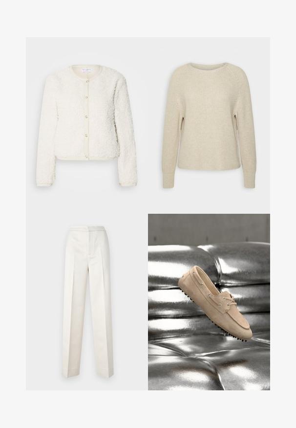 Cardigan blanc en texture duveteuse avec des manches longues, un col rond et une fermeture à boutons à l'avant. Accentué par une bordure beige clair.; Pull en tricot rose clair avec un col rond, des manches raglan et des poignets côtelés. La texture est douce, avec une coupe décontractée et des détails minimaux.; Pantalon couleur crème avec une coupe cintrée, présentant une jambe droite, un tissu lisse, des plis à l'avant et un ourlet propre. Design minimaliste.; Mocassin beige en daim avec détail de lacet et semelle en caoutchouc cloutée, posé sur une surface matelassée métallique argentée brillante.