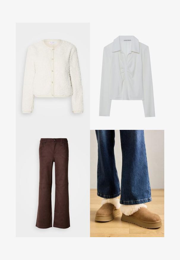 Cardigan blanc en texture duveteuse avec des manches longues, un col rond et une fermeture à boutons à l'avant. Accentué par une bordure beige clair.; Haut blanc à manches longues avec col, présentant un détail de fronces au centre et une texture côtelée. Fabriqué dans un tissu doux et léger.; Pantalons évasés marron en tissu doux semblable à du daim. Comprend quatre poches, une fermeture à bouton et une surface lisse et texturée.; Chaussons en daim marron avec un épais revers en fourrure légère, montés sur une semelle plateforme beige, associés à un jean en denim à coupe large.
